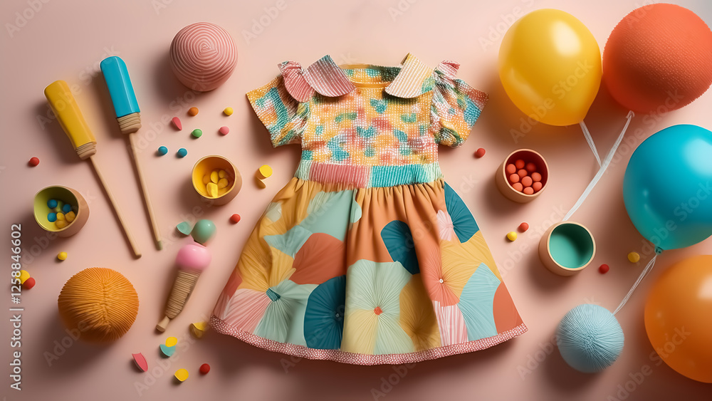 Fototapeta premium Colorful Baby Dress with Toys - Perfect for Playtime and Photoshoots