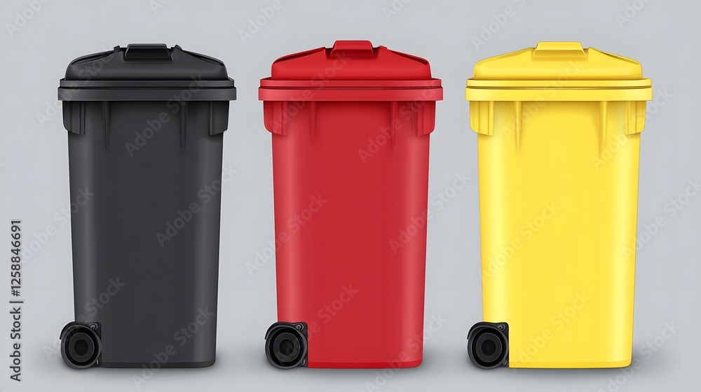 Three Colorful Wheeled Recycling Bins, Black, Red, Yellow Waste Containers Three Colorful Wheeled Recycling Bins, Black, Red, Yellow Waste Containers