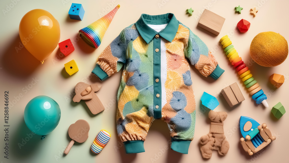 Fototapeta premium Stylish Baby Outfit with Toys and Balloons - Perfect for Playtime