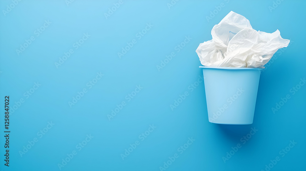 Crumpled White Paper in Light Blue Bin on Blue Background Crumpled White Paper in Light Blue Bin on Blue Background