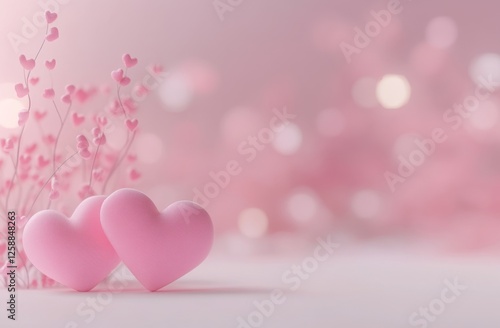 Pink hearts, floral backdrop, bokeh, romantic, Valentine's Day card
