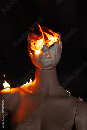 burning puppet head in the hand