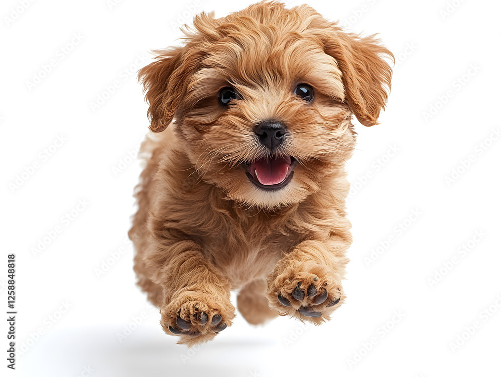 Curious Puppy Joyfully Jumping in a Playful Pose Against a Bright White Background Curious Puppy Joyfully Jumping in a Playful Pose Against a Bright White Background