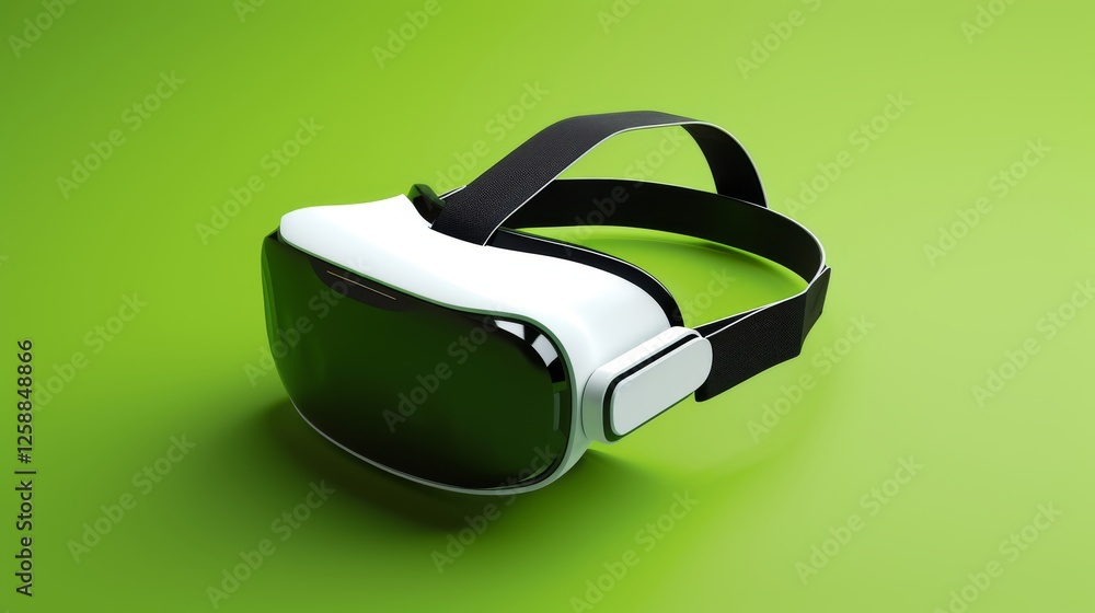 Perspective shot of a white and black virtual reality headset placed on a bright green background, highlighting futuristic design and tech trends. AI generated.