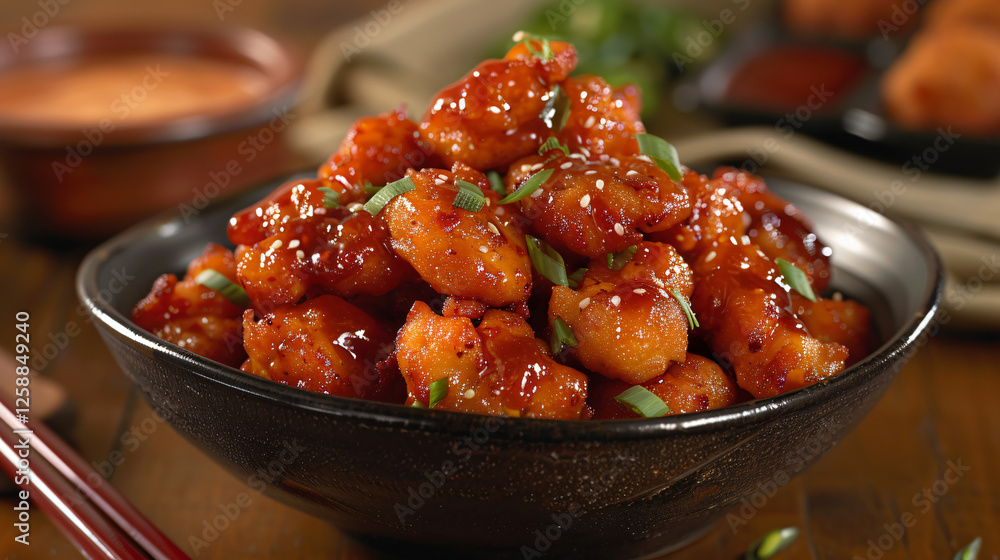 Crispy chicken bites stacked neatly in a small bowl, drizzled with soy garlic sauce Crispy chicken bites stacked neatly in a small bowl, drizzled with soy garlic sauce