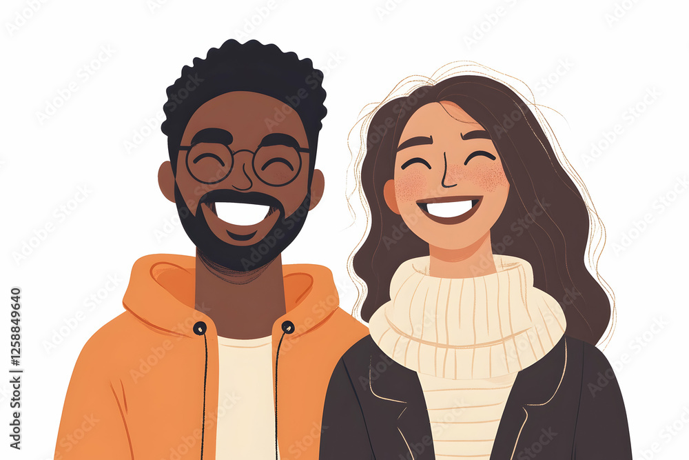 Multicultural couple laughing together, showcasing joy and connection Multicultural couple laughing together, showcasing joy and connection