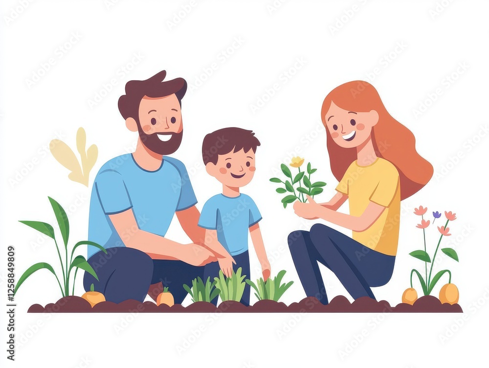 Family Gardening Together in Colorful Cartoon Illustration Scene Family Gardening Together in Colorful Cartoon Illustration Scene