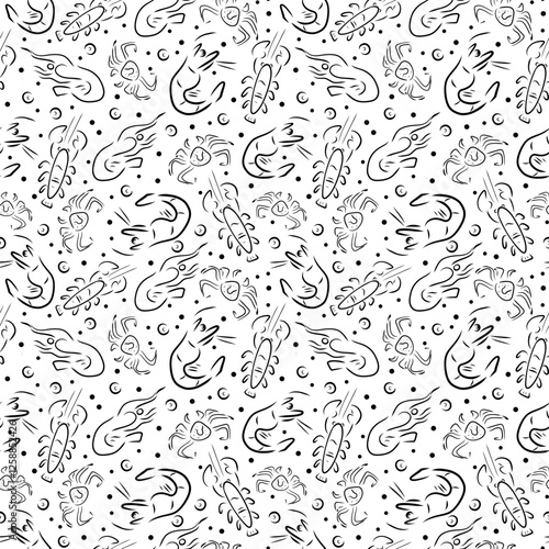 Ocean Life Seamless Pattern, shrimp, crab, prawn, lobster doodle pattern