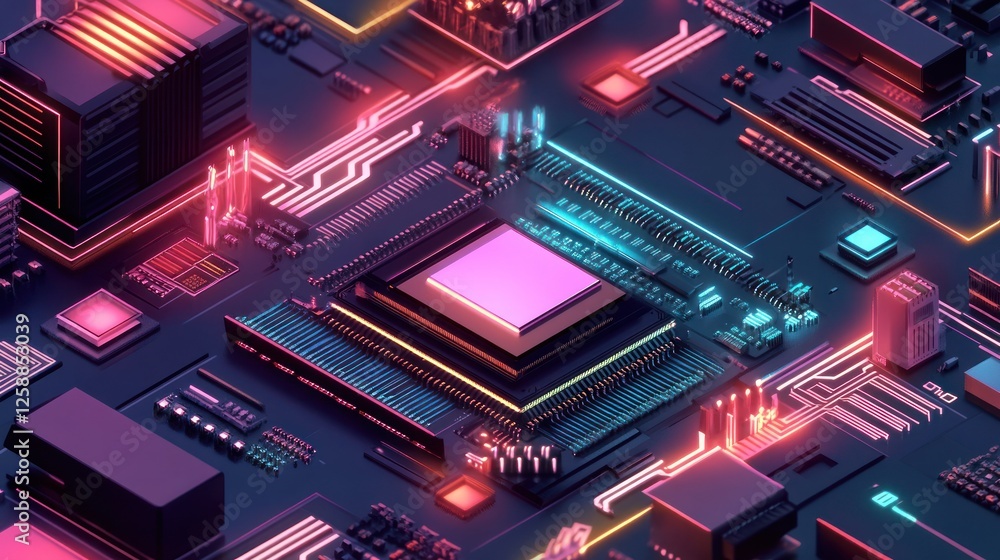 Neon-lit CPU on a circuit board. Neon-lit CPU on a circuit board.