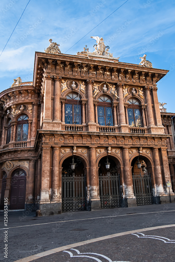 Architectural details of the Massimo Bellini Theater (Teatro Massimo Bellini, 1890). Catania, Sicily, Italy.