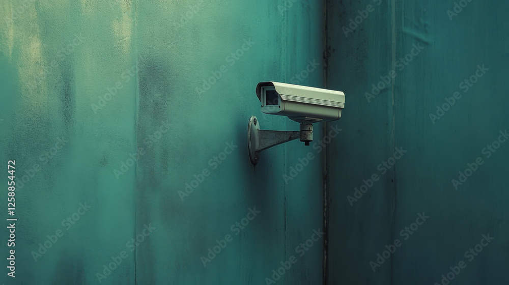 Surveillance camera mounted on green wall capturing security footage in urban environment for monitoring and safety purposes Surveillance camera mounted on green wall capturing security footage in urban environment for monitoring and safety purposes
