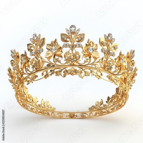 Golden Crown Isolated on White Background, High-Resolution 3D Render for Royalty-Themed Projects photo