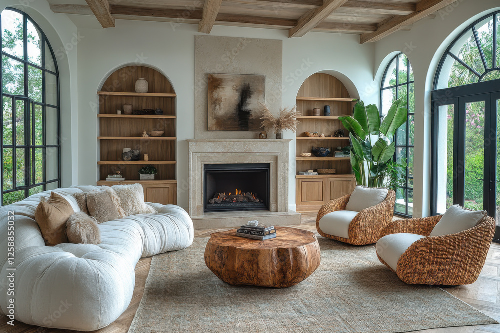 Cozy modern living room with rustic wooden coffee table, plush sofa, wicker chairs, large windows, and elegant fireplace surrounded by shelves