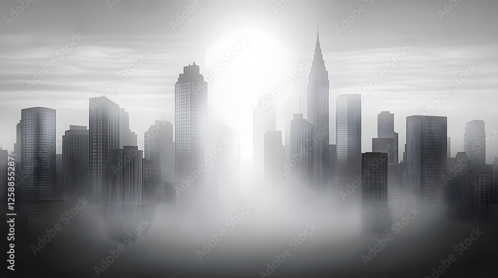 Fototapeta premium Mysterious Foggy Cityscape Skyline at Dawn