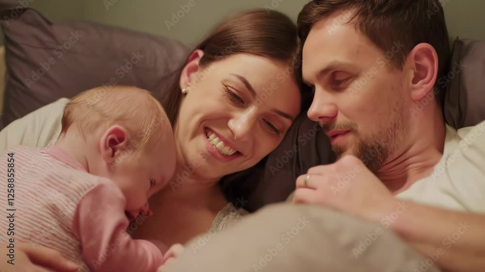 Happy family bonding with newborn baby in bed Happy family bonding with newborn baby in bed