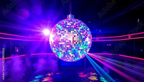 Vibrant Disco Mirror Ball with Colorful Light Reflections in Nightclub