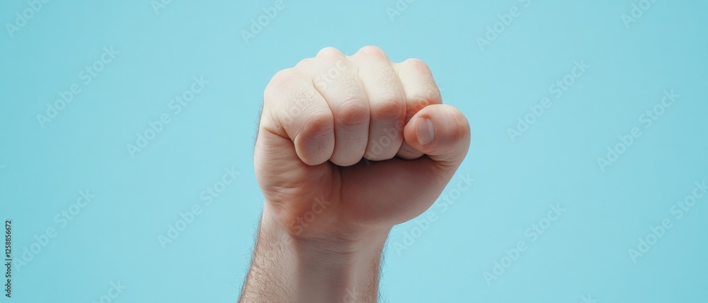 hand raised in fist against blue background hand raised in fist against blue background