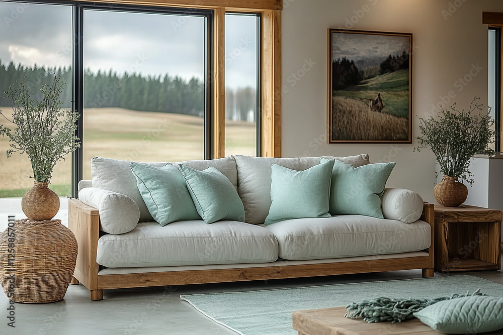 Fototapeta premium A modern farmhouse living room with a mid-century vibe, featuring a cozy sofa and mint pillow accents.