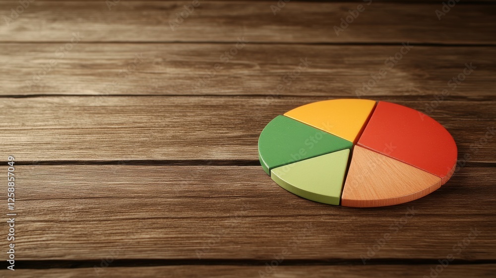 Fototapeta premium Retirement planning concept. Colorful pie chart on a wooden table surface.