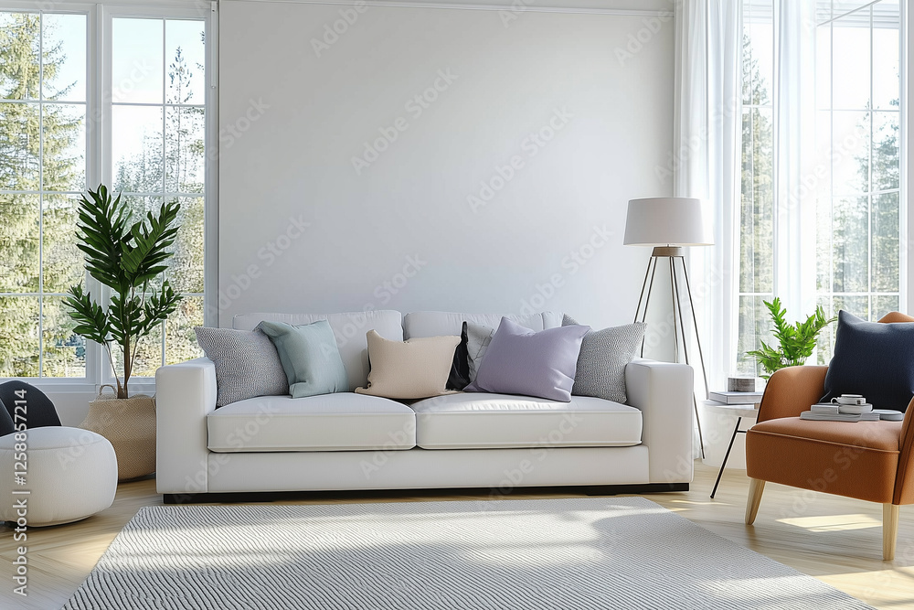 Fototapeta premium Bright and cozy modern living room interior have sofa and lamp with white wall background.
