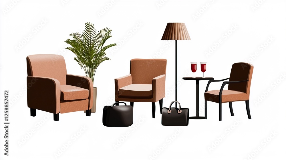 Fototapeta premium Cozy Reception Area with Furniture and Refreshments in Hotel Setting