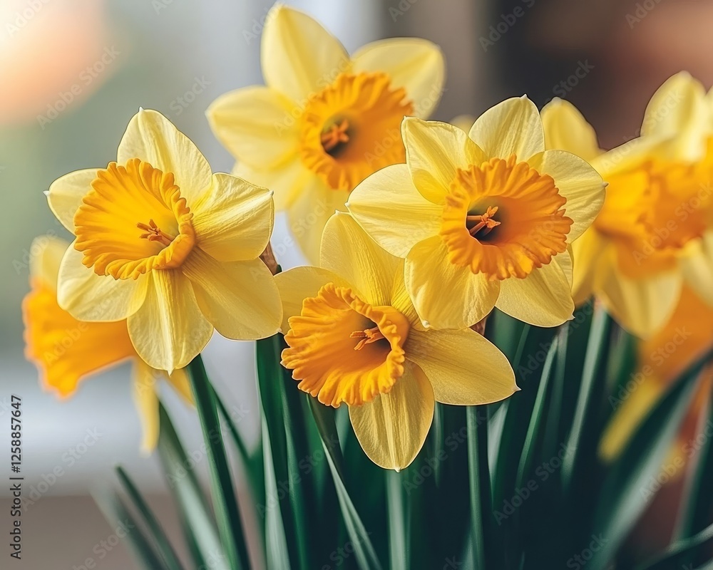 Bright Yellow Daffodils in Full Bloom, Close Up Detail with a Softly Blurred Green Background Bright Yellow Daffodils in Full Bloom, Close Up Detail with a Softly Blurred Green Background