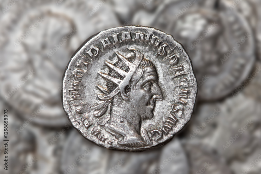 Old Roman coin of caesar Trajan Decius Antoninianus with blurry background