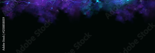 Powerful electrical current energy. Flash of lightning in a magic frame. Neon discharge in smoke effect.