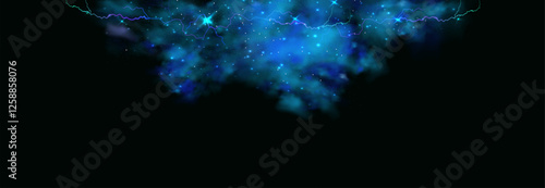 Powerful electrical current energy. Flash of lightning in a magic frame. Neon discharge in smoke effect.