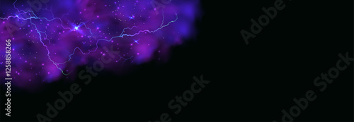 Powerful electrical current energy. Flash of lightning in a magic frame. Neon discharge in smoke effect.