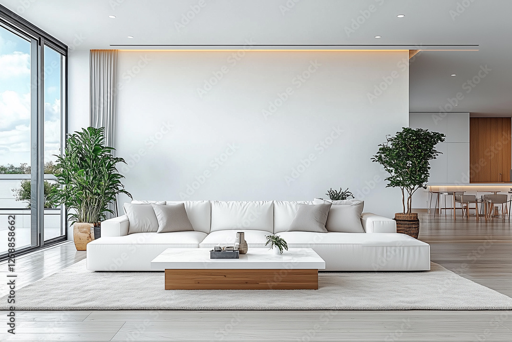 Fototapeta premium Interior of living room with white sofaand coffee table panorama .