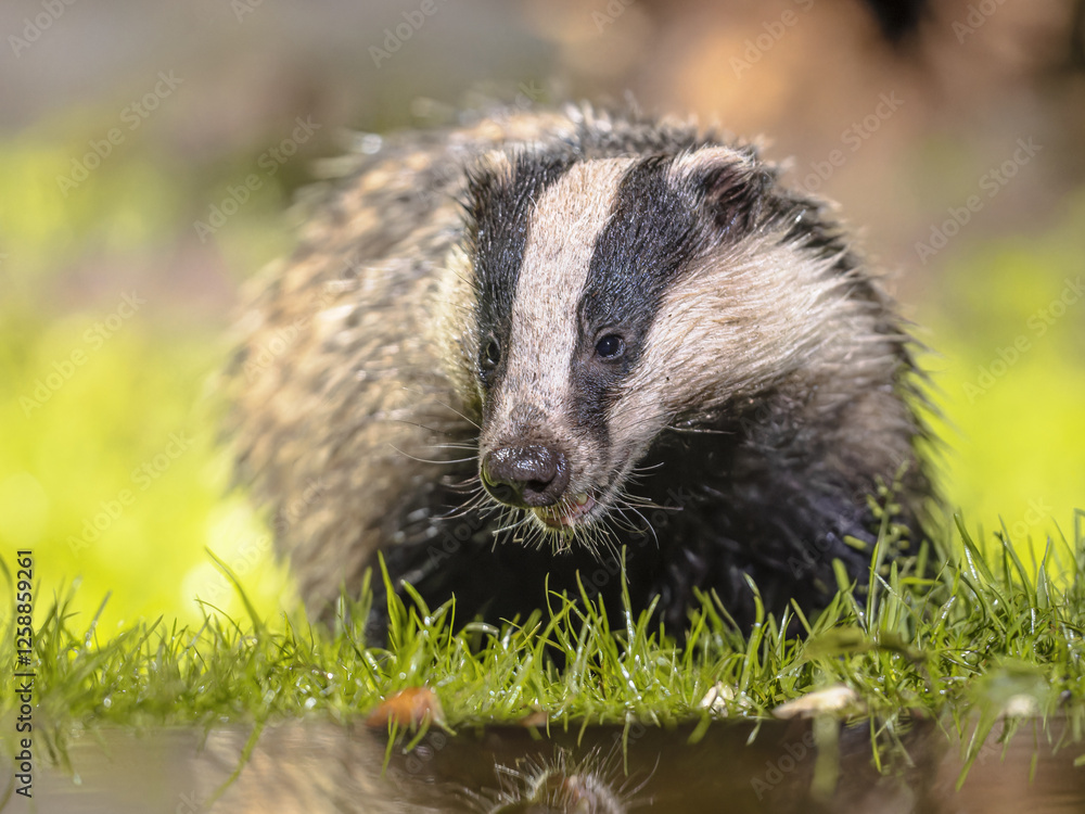 Fototapeta premium European badger foraging at night