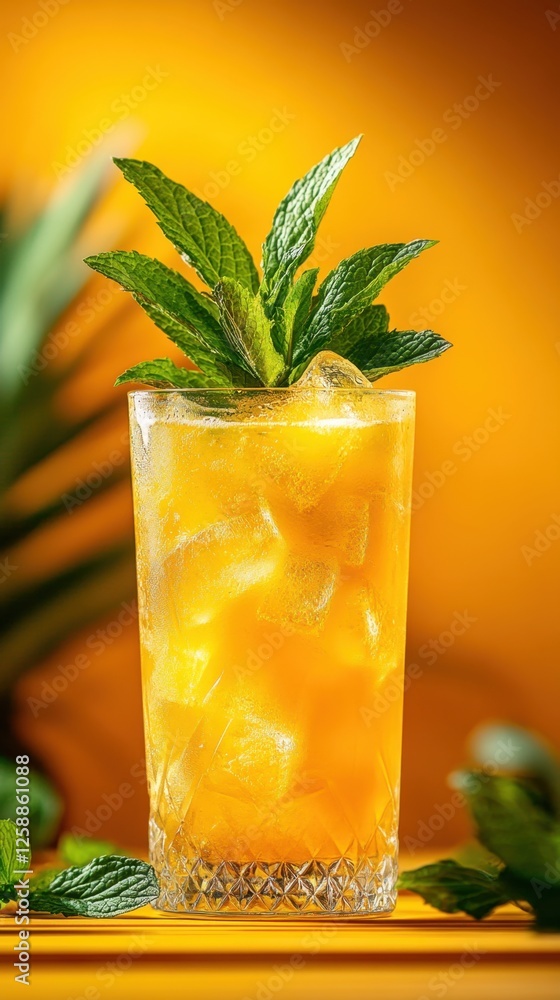 Refreshing tropical drink garnished with mint leaves sits elegantly against a vibrant yellow backdrop in a cozy setting Refreshing tropical drink garnished with mint leaves sits elegantly against a vibrant yellow backdrop in a cozy setting
