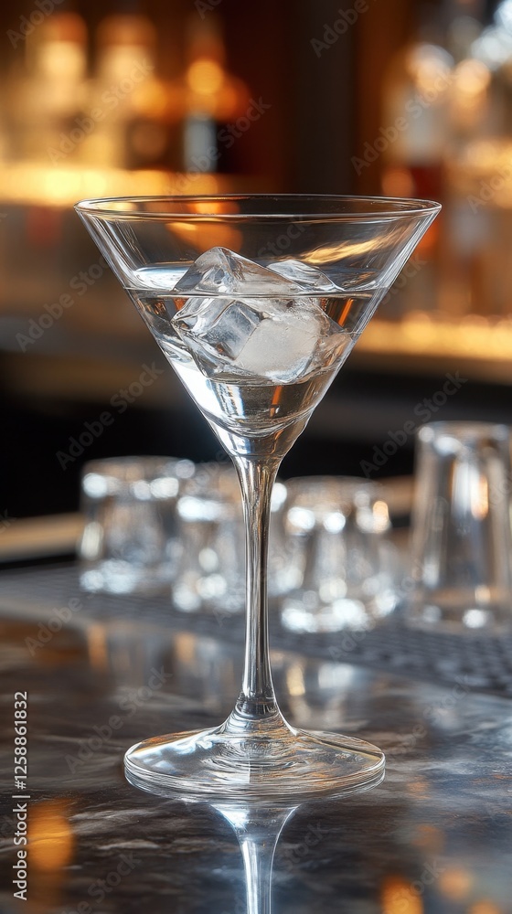 Elegant martini with ice standing proudly on a polished bar at a chic upscale lounge during a lively evening gathering Elegant martini with ice standing proudly on a polished bar at a chic upscale lounge during a lively evening gathering