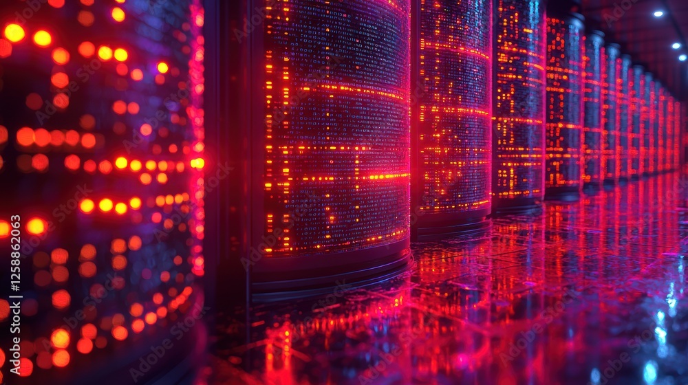 Obraz premium Cyberpunk Data Center: Neon Glow of Binary Code