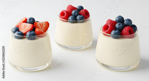 Three vanilla panna cotta desserts topped with fresh berries in glass cups, perfect for culinary photography and dessert menu designs.