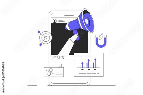 Mobile marketing, social media or network promotion. Influencer with megaphone on phone screen. Flat Cartoon Vector Illustration, icon. Stylish abstract web design