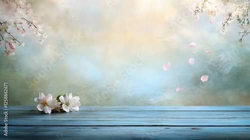 Serene Spring Blossoms on Blue Wooden Table