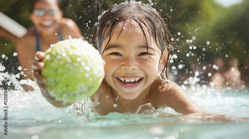 Obraz premium Young asian girl joyfully playing with ball in refreshing outdoor pool on a sunny day.