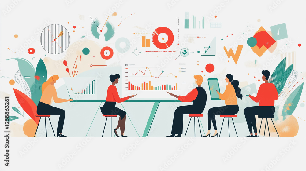 Professional business team working on a project together in the office Using innovation economic growth charts and network connections to accompany the data. in analyzing future trends Professional business team working on a project together in the office Using innovation economic growth charts and network connections to accompany the data. in analyzing future trends
