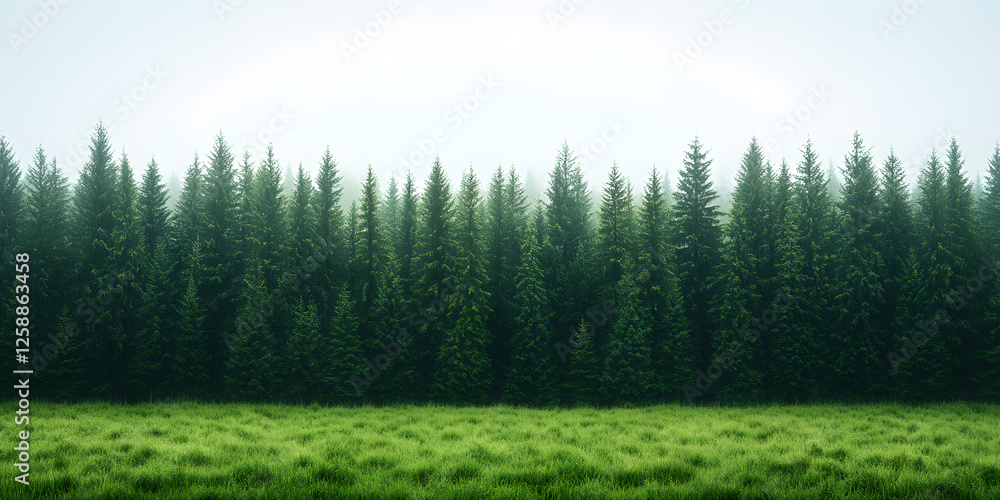 Fototapeta premium Lush green meadow meets a dense, tranquil forest, obscured by a soft, ethereal mist, creating a serene and picturesque landscape of natural beauty.