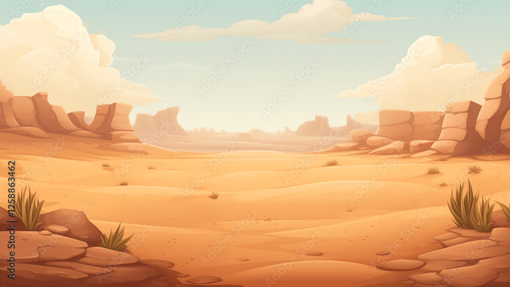 Naklejka premium Cartoon desert landscape with rocky formations and blue sky