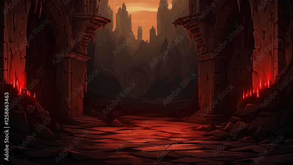 Mysterious ancient dungeon with glowing red lights and stone walls Mysterious ancient dungeon with glowing red lights and stone walls