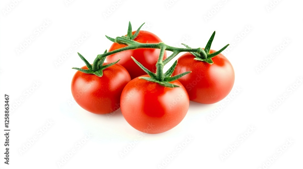 Isolated Fresh Red Tomatoes on White Background with Green Stems Isolated Fresh Red Tomatoes on White Background with Green Stems
