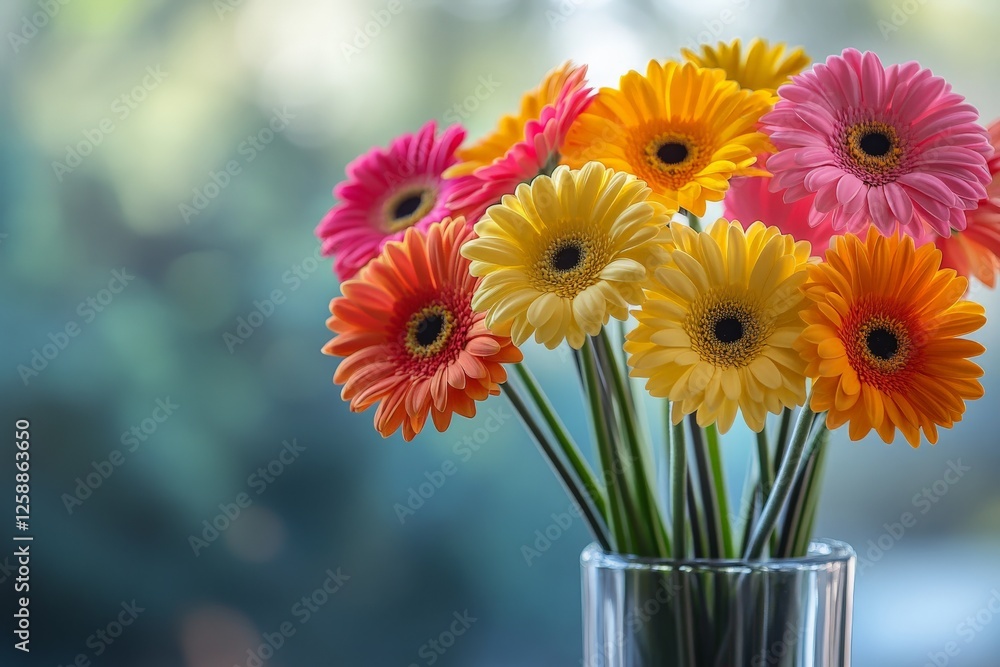 Colorful gerbera daisies arranged in a clear vase against a blurred green backdrop for a cheerful ambiance Colorful gerbera daisies arranged in a clear vase against a blurred green backdrop for a cheerful ambiance