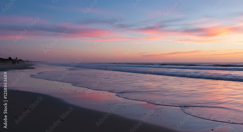 Fototapeta premium Ocean Waves Lapping on Beach at Sunset with Colorful Sky