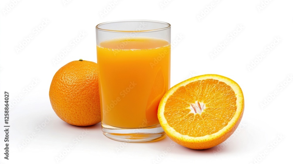 Fresh Orange Juice in Glass Surrounded by Whole Oranges Fresh Orange Juice in Glass Surrounded by Whole Oranges