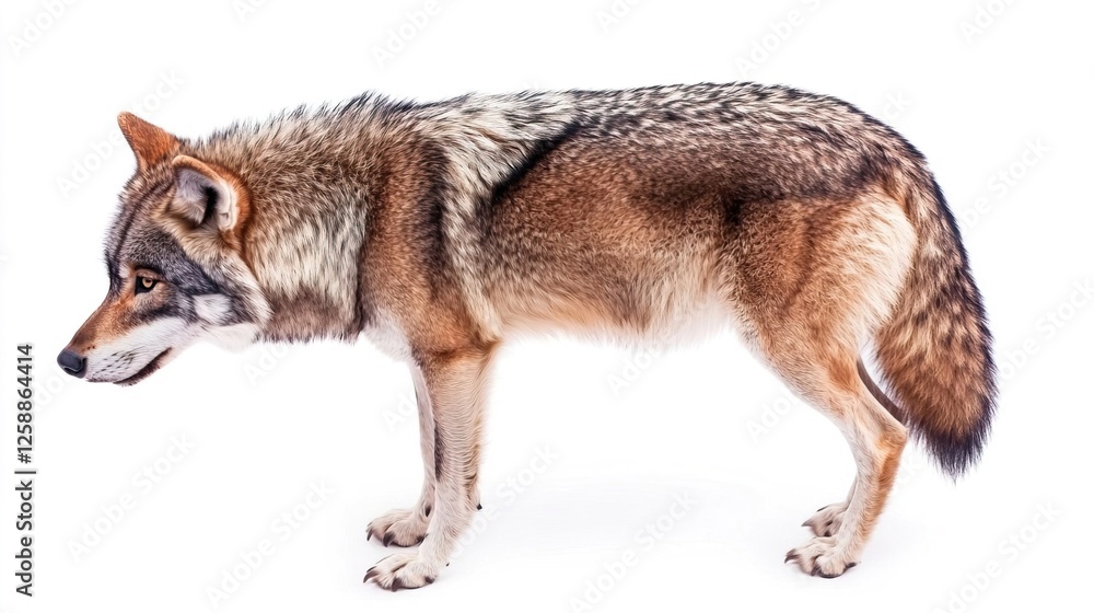 Obraz premium Isolated Wolf Standing on White Background with Calm Expression