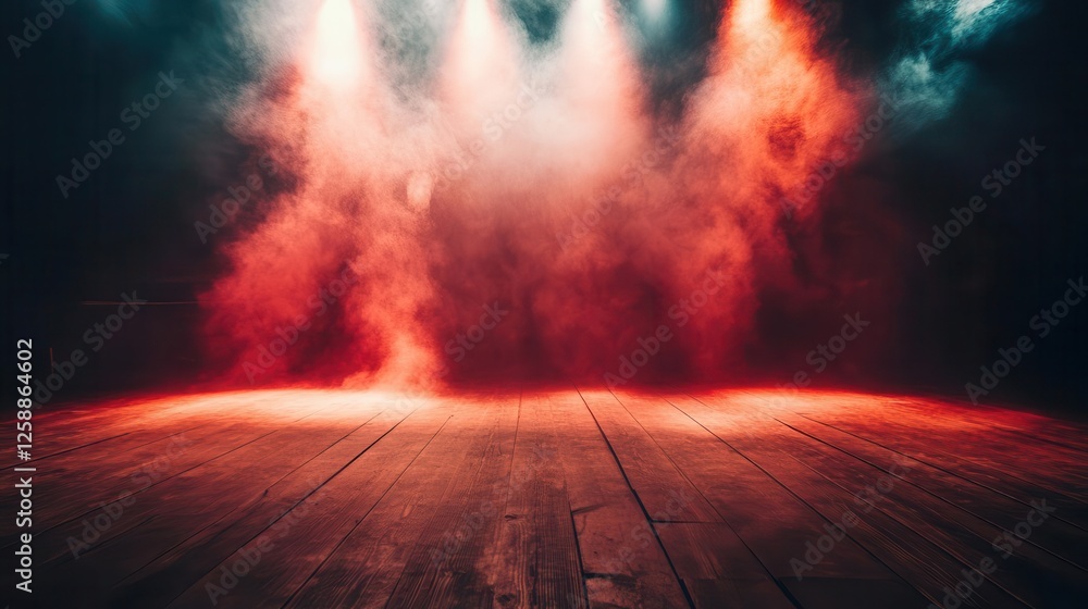 Naklejka premium Mysterious Dark Stage Bathed in Red Smoke and Mist for Artistic Product Displays