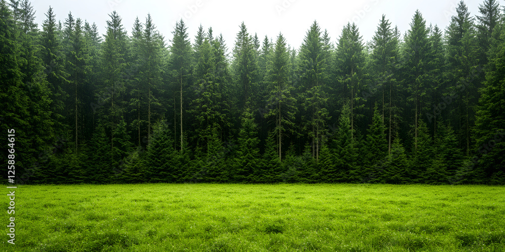 Fototapeta premium A lush green meadow stretches towards a dense forest of tall evergreen trees under an overcast sky, evoking a sense of serenity and natural beauty.
